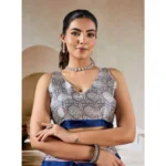Women's Satin Crepe Printed Saree With Unstitched Blouse 5.5Mtr (Blue) - Image 2