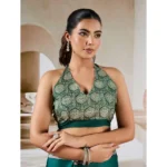 Women's Satin Crepe Printed Saree With Unstitched Blouse 5.5Mtr (Green) - Image 2