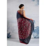 Women's Satin Crepe Printed Saree With Unstitched Blouse 5.5Mtr (Navy Blue) - Image 4