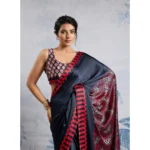 Women's Satin Crepe Printed Saree With Unstitched Blouse 5.5Mtr (Navy Blue) - Image 3