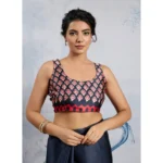 Women's Satin Crepe Printed Saree With Unstitched Blouse 5.5Mtr (Navy Blue) - Image 2