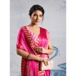 Women's Satin Crepe Printed Saree With Unstitched Blouse 5.5Mtr (Pink) - Image 3