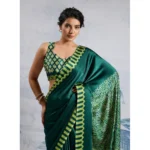 Women's Satin Crepe Printed Saree With Unstitched Blouse 5.5Mtr (Green) - Image 3