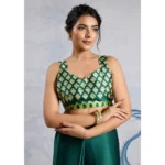 Women's Satin Crepe Printed Saree With Unstitched Blouse 5.5Mtr (Green) - Image 2