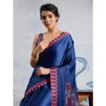 Women's Satin Crepe Printed Saree With Unstitched Blouse 5.5Mtr (Blue) - Image 3