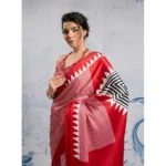 Women's Satin Crepe Printed Saree With Unstitched Blouse 5.5Mtr (Red) - Image 3