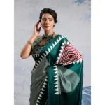Women's Satin Crepe Printed Saree With Unstitched Blouse 5.5Mtr (Green) - Image 3