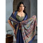 Women's Satin Crepe Printed Saree With Unstitched Blouse 5.5Mtr (Navy Blue) - Image 3