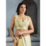 Women's Satin Crepe Printed Saree With Unstitched Blouse 5.5Mtr (Cream) - Image 2