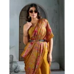 Women's Satin Crepe Printed Saree With Unstitched Blouse 5.5Mtr (Mustard) - Image 3