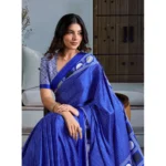 Women's Satin Crepe Printed Saree With Unstitched Blouse 5.5Mtr (Blue) - Image 3