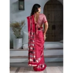 Women's Satin Crepe Printed Saree With Unstitched Blouse 5.5Mtr (Red) - Image 4