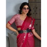 Women's Satin Crepe Printed Saree With Unstitched Blouse 5.5Mtr (Red) - Image 3