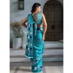 Women's Satin Crepe Printed Saree With Unstitched Blouse 5.5Mtr (Sky Blue) - Image 4