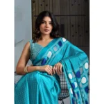 Women's Satin Crepe Printed Saree With Unstitched Blouse 5.5Mtr (Sky Blue) - Image 3