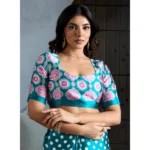 Women's Satin Crepe Printed Saree With Unstitched Blouse 5.5Mtr (Sky Blue) - Image 2