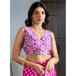 Women's Satin Crepe Printed Saree With Unstitched Blouse 5.5Mtr (Pink) - Image 2