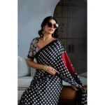 Women's Satin Crepe Printed Saree With Unstitched Blouse 5.5Mtr (Black) - Image 3