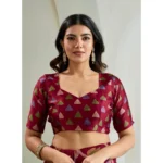 Women's Satin Crepe Printed Saree With Unstitched Blouse 5.5Mtr (Maroon) - Image 2