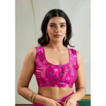 Women's Satin Crepe Printed Saree With Unstitched Blouse 5.5Mtr (Pink) - Image 2