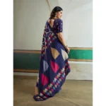 Women's Satin Crepe Printed Saree With Unstitched Blouse 5.5Mtr (Navy Blue) - Image 4