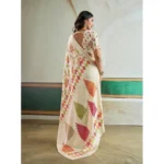 Women's Satin Crepe Printed Saree With Unstitched Blouse 5.5Mtr (Off White) - Image 4