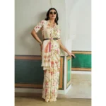 Women's Satin Crepe Printed Saree With Unstitched Blouse 5.5Mtr (Off White) - Image 3