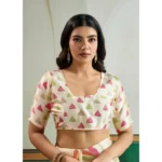 Women's Satin Crepe Printed Saree With Unstitched Blouse 5.5Mtr (Off White) - Image 2
