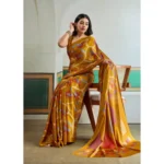 Women's Satin Crepe Printed Saree With Unstitched Blouse 5.5Mtr (Mustard) - Image 3