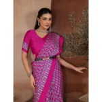 Women's Satin Crepe Printed Saree With Unstitched Blouse 5.5Mtr (Pink) - Image 3