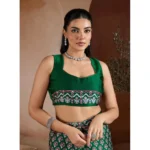 Women's Satin Crepe Printed Saree With Unstitched Blouse 5.5Mtr (Green) - Image 2
