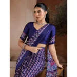 Women's Satin Crepe Printed Saree With Unstitched Blouse 5.5Mtr (Navy Blue) - Image 3