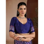 Women's Satin Crepe Printed Saree With Unstitched Blouse 5.5Mtr (Navy Blue) - Image 2