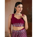 Women's Satin Crepe Printed Saree With Unstitched Blouse 5.5Mtr (Maroon) - Image 2