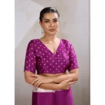 Women's Satin Crepe Printed Saree With Unstitched Blouse 5.5Mtr (Purple) - Image 2