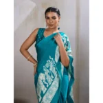 Women's Satin Crepe Printed Saree With Unstitched Blouse 5.5Mtr (Sky Blue) - Image 3