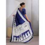 Women's Satin Crepe Printed Saree With Unstitched Blouse 5.5Mtr (Blue) - Image 4