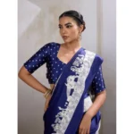 Women's Satin Crepe Printed Saree With Unstitched Blouse 5.5Mtr (Blue) - Image 3