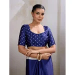 Women's Satin Crepe Printed Saree With Unstitched Blouse 5.5Mtr (Blue) - Image 2