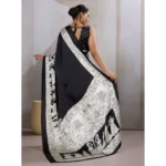 Women's Satin Crepe Printed Saree With Unstitched Blouse 5.5Mtr (Black) - Image 4