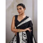 Women's Satin Crepe Printed Saree With Unstitched Blouse 5.5Mtr (Black) - Image 3