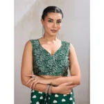 Women's Satin Crepe Printed Saree With Unstitched Blouse 5.5Mtr (Bottle Green) - Image 2