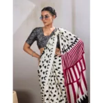 Women's Satin Crepe Printed Saree With Unstitched Blouse 5.5Mtr (White) - Image 3
