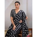 Women's Satin Crepe Printed Saree With Unstitched Blouse 5.5Mtr (Black) - Image 3