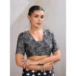 Women's Satin Crepe Printed Saree With Unstitched Blouse 5.5Mtr (Black) - Image 2