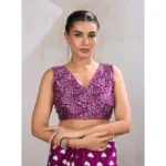Women's Satin Crepe Printed Saree With Unstitched Blouse 5.5Mtr (Purple) - Image 2