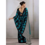 Women's Satin Crepe Printed Saree With Unstitched Blouse 5.5Mtr (Black) - Image 4