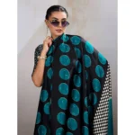 Women's Satin Crepe Printed Saree With Unstitched Blouse 5.5Mtr (Black) - Image 3