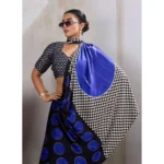 Women's Satin Crepe Printed Saree With Unstitched Blouse 5.5Mtr (Blue) - Image 3