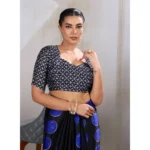 Women's Satin Crepe Printed Saree With Unstitched Blouse 5.5Mtr (Blue) - Image 2